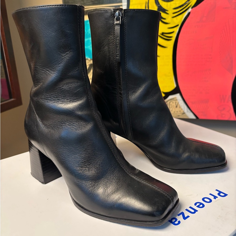Reformation black leather ankle/low to mid calf heeled boots